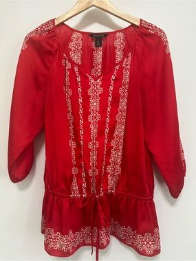 White House Black Market Red V-Neck Embroidered Tunic